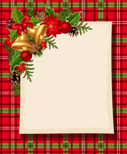 Christmas card with bells, holly, cones, balls, poinsettia and tartan. Vector eps-10. - Vector, Image