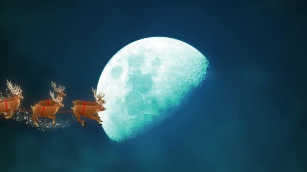 Santa Claus Riding Reindeer Sleigh on Sky Crossing Moon - 映像、動画