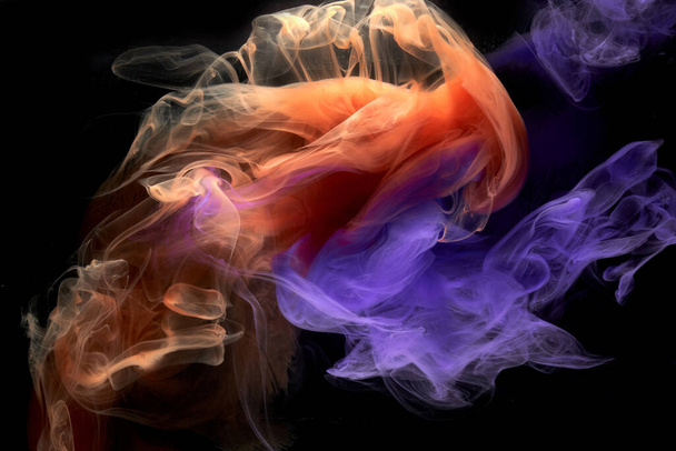Blue orange multicolored smoke abstract background, acrylic paint underwater explosion - Foto, Imagen