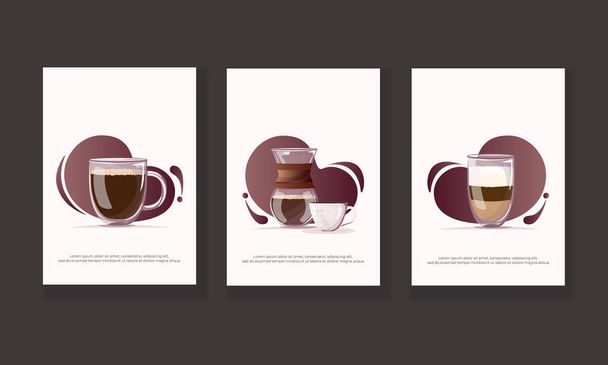 Coffee themed vector layout covers set design templates for brochure, magazine, flyer, banner or poster. Glass mug with double bottom of coffee with milk, chemex coffeemaker, cup and saucer - Vektor, obrázek