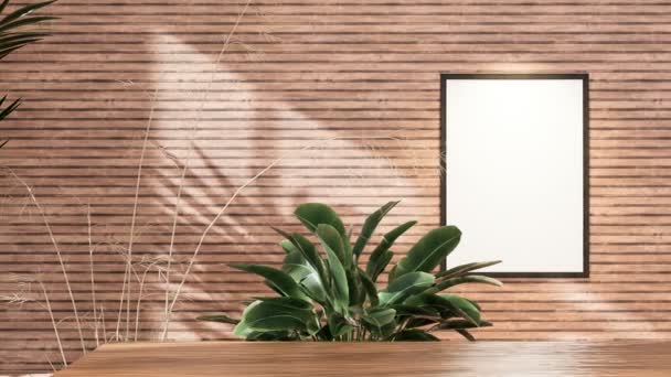 Деревянный стол фон с солнечным светом окна создает тень листьев на стене с размытым крытый зеленый передний план растения. макет для фоторамки с деревянным фоном, 3D анимация - Кадры, видео