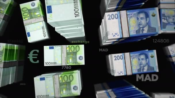 Euro and Morocco Dirham money exchange. Paper banknotes pack bundle. Concept of trade, economy, competition, crisis, banking and finance. Notes loopable seamless 3d animation. - Séquence, vidéo