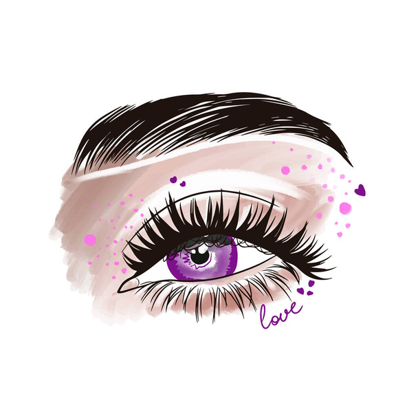 Eye makeup, love, handwritten lettering, eyeshadow, beautiful eyebrows fashion makeup design doodle - Vetor, Imagem