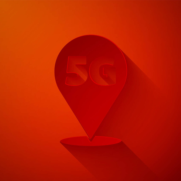 Папір вирізав Розташування 5G нова піктограма бездротового Інтернету Wi-Fi ізольовано на червоному тлі. Глобальна мережа технології високошвидкісного з'єднання даних швидкості. Стиль паперового мистецтва. Векторні
. - Вектор, зображення