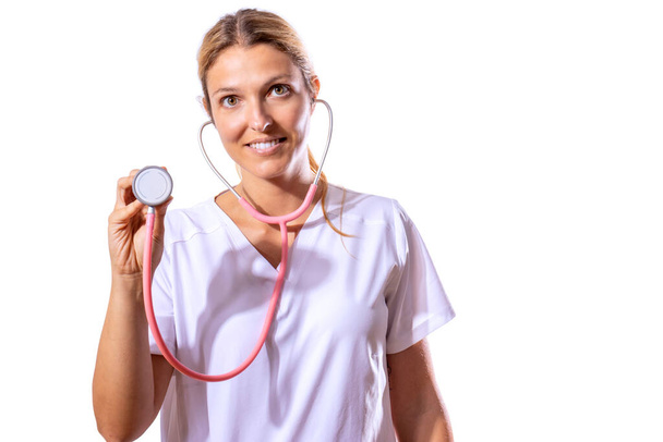 Girl doctor using stethoscope with you - Foto, imagen