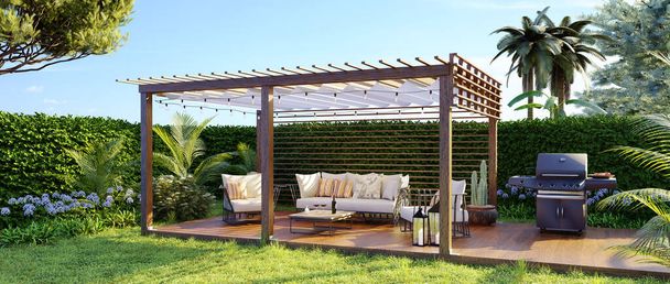 3D illustration of a luxury wooden teak deck with gas grill and decor furniture. Panoramic view of a wooden pergola in the back garden. - 写真・画像
