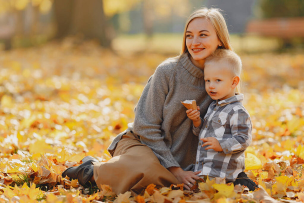 Family in a autumn park. Mother in a brown sweater. Cute little boy in a shirt - Fotoğraf, Görsel