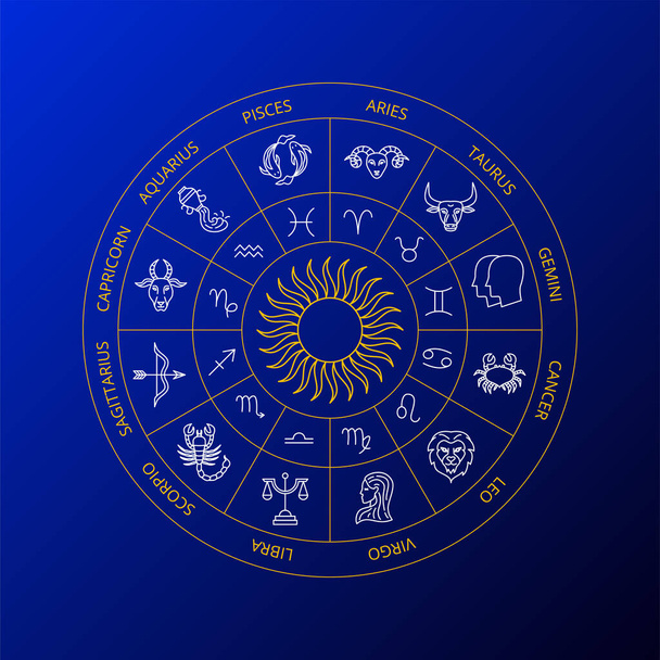Blue Zodiac Circle. Vector Thin Outline Symbols. - Wektor, obraz