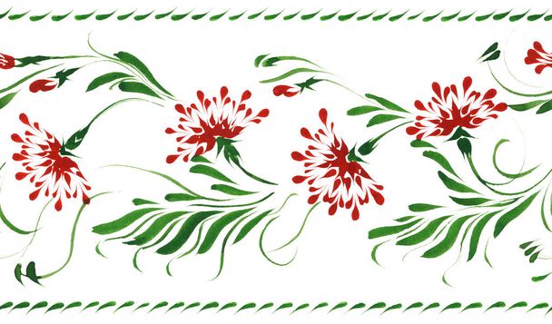 Ukrainian folk painting style Petrykivka. Floral watercolor seamless border pattern from red flowers and green leaves isolated on a white background. Ethnic design - Zdjęcie, obraz