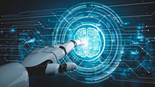 Futuristische Roboter-künstliche Intelligenz, die die Entwicklung von KI-Technologien und das Konzept des maschinellen Lernens fördert. Globale robotische bionische Forschung für die Zukunft des menschlichen Lebens. 3D-Rendergrafik. - Foto, Bild