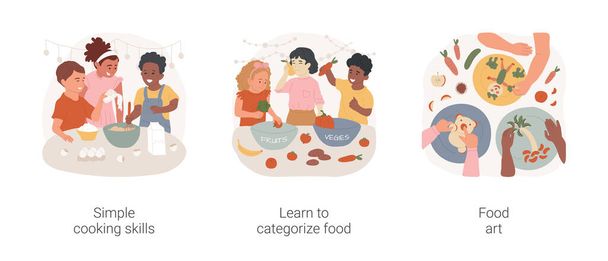 Cooking skills in early education isolated cartoon vector illustration set. Simple cooking skills, learn to categorize food, food art, nutrition in kindergarten, daycare center vector cartoon. - Vector, afbeelding
