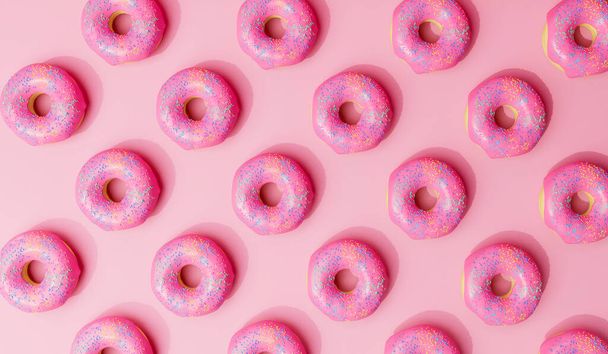 Pink frosted donut background with sprinkles. 3D Rendering. - Fotoğraf, Görsel