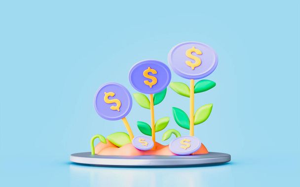 dollar coin with tree sign 3d render concept for money plant business investment - Fotó, kép