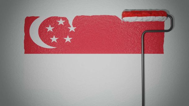 Ο κύλινδρος βάφει τον τοίχο σε χρώματα της σημαίας της Σιγκαπούρης. Ταξιδιωτική ιδέα. Σιγκαπούρη. Εθνική σημαία. - Φωτογραφία, εικόνα