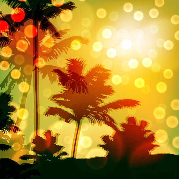 Sea sunset with island and palm trees - Vector, Image