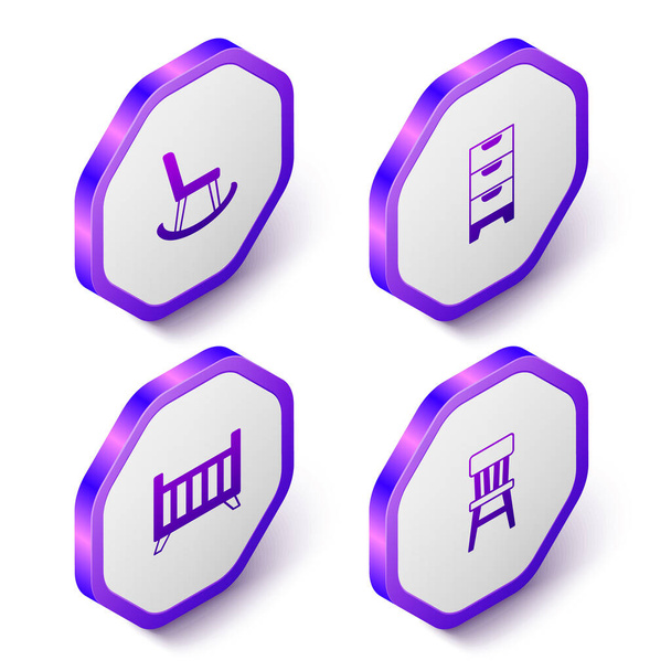 Set Isometric Armchair Chest of drawers Baby crib cradle bed and Chair icon. Purple hexagon button. Vector. - Vecteur, image