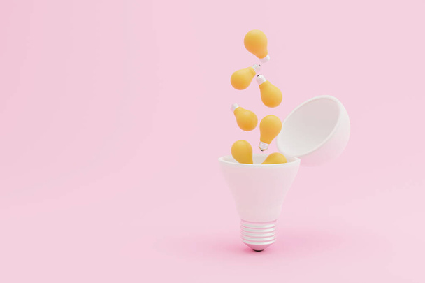 Κίτρινη λάμπα που πέφτει μέσα σε λευκή λάμπα σε ροζ φόντο. Δημιουργικές ιδέες σκέψης και έννοια της καινοτομίας. 3d απεικόνιση απόδοση - Φωτογραφία, εικόνα