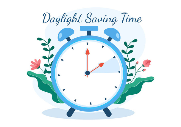 Daylight Savings Time Hand Drawn Flat Cartoon Illustration with Alarm Clock or Calendar from Summer to Spring Forward Design - Vector, Imagen
