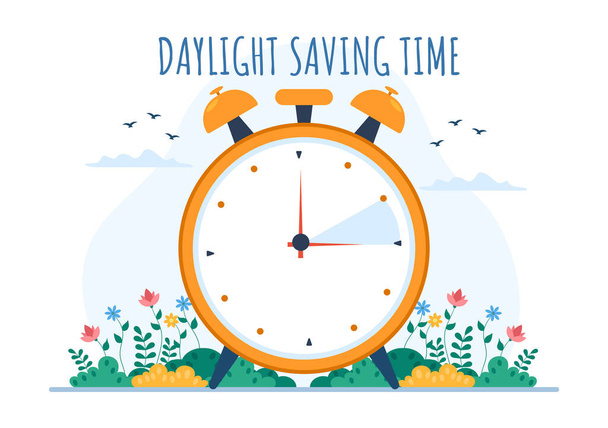 Daylight Savings Time Hand Drawn Flat Cartoon Illustration with Alarm Clock or Calendar from Summer to Spring Forward Design - Vector, imagen