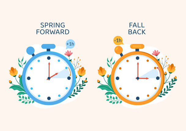 Η θερινή ώρα θα πραγματοποιηθεί με επίπεδη απεικόνιση κινουμένων σχεδίων με ξυπνητήρι ή ημερολόγιο από το καλοκαίρι στο Spring Forward Design - Διάνυσμα, εικόνα