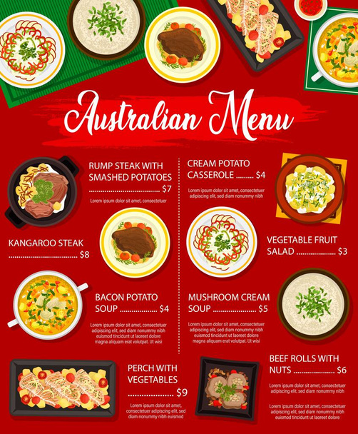 Australian cuisine food of bbq restaurant menu with grilled meat and fish. Vegetable fruit salad, kangaroo and beef steaks, mushroom and bacon soups, perch, beef rolls with nuts and potato casserole - Vector, Image