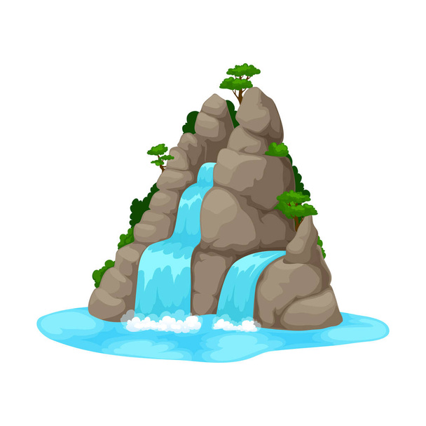 Cartoon waterfall or water cascade falling from mountain rocks with green trees. Vector nature landscape of gray stone cliff with flowing river streams, blue water cascades of waterfall with splashes - Vector, Imagen