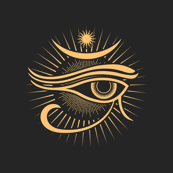 Occult esoteric symbol egyptian Horus all-seeing eye, sun with radiant rays. Vector spiritual magic emblem, isolated alchemy, wicca or pagan sign - Vektör, Görsel