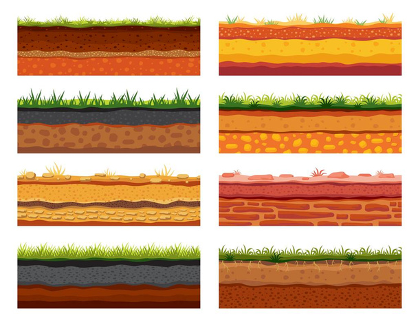 Soil ground layer, game level surface cartoon backgrounds. Game soil textures, surface underground layers structure with stones, clay and sand. Soil patterns with grass background, vector game asset - Vektor, kép