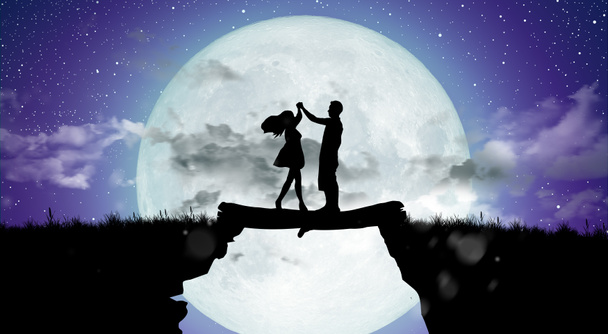 Sziluett éjszaka táj pár vagy szerelmes tánc és éneklés a hegyen Tejút háttér teliholdkor. - Fotó, kép