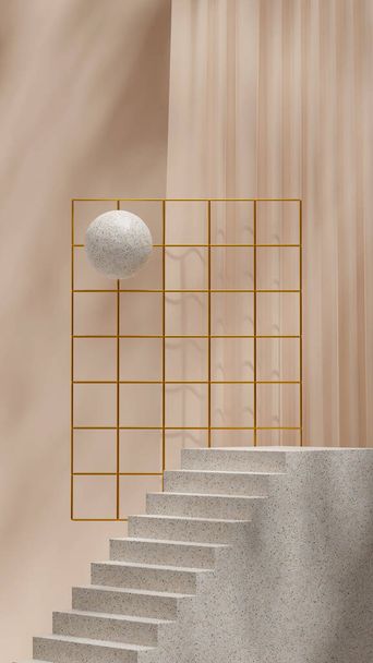 Geometric shape stair podium 3d rendering image mockup background in portrait with grid and sphere - Fotografie, Obrázek