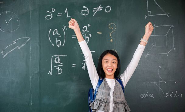 Education Back to school. Asian school girl in uniform on classroom raised arms to successful finished homework, primary child is standing front of class in school raised hands in win position - Fotografie, Obrázek