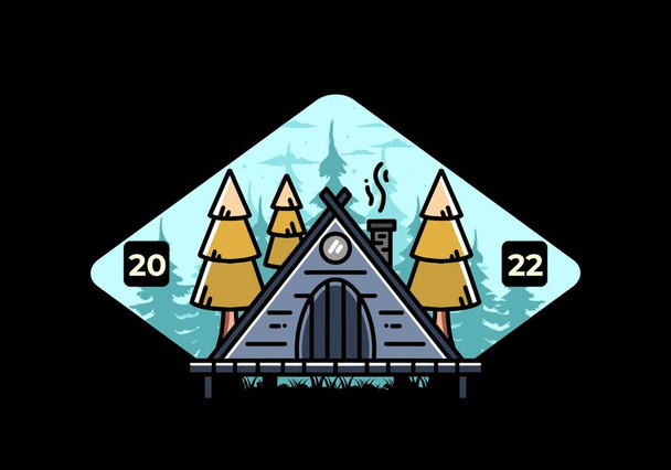 illustration design of a triangle wooden cabin between pine tress - Vettoriali, immagini