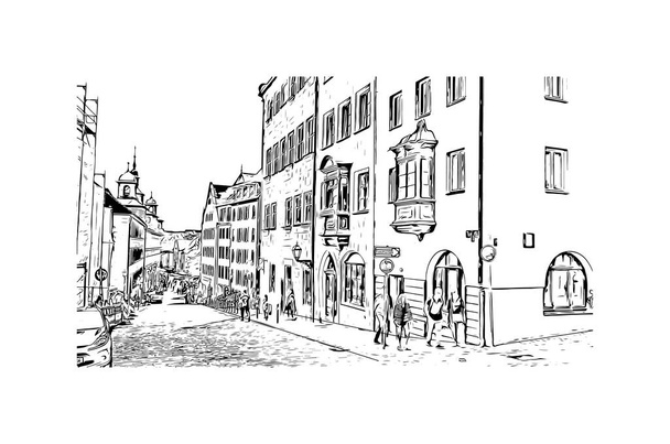 Print Building view with landmark of Nuremberg is the city in Germany. Hand drawn sketch illustration in vector. - Vector, Image