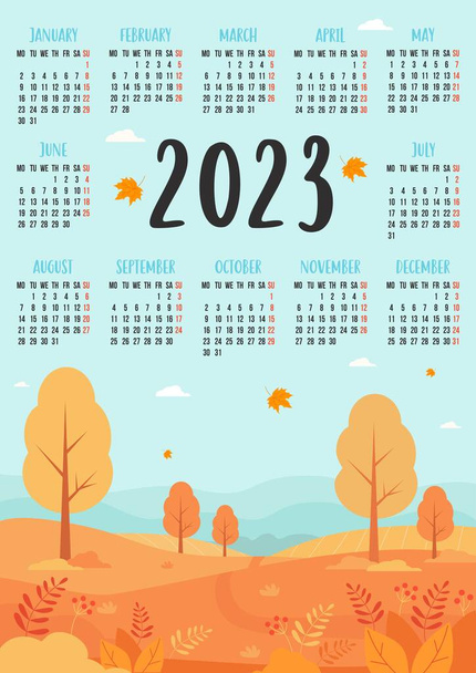 Calendar 2023 with beautiful autumn nature landscape, yellow trees with autumn leaves. Vector illustration. Vertical calendar template for 12 months in English. week starts on Monday. Stationery - Vettoriali, immagini
