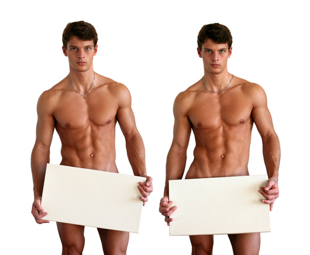 Naked Muscular Man Covering with Board - Фото, зображення