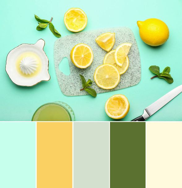 Cut lemons with ceramic squeezer on turquoise background. Different color patterns - Photo, image