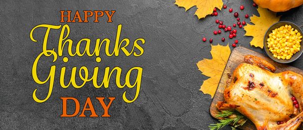 Greeting card with tasty baked turkey for Thanksgiving day on grey background - Foto, Imagem
