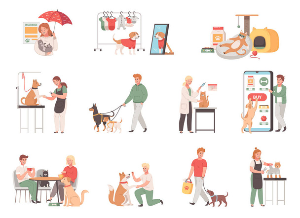 Pet services cartoon set of people care of health of their pets training walking and feeding isolated vector illustration - Vektor, obrázek