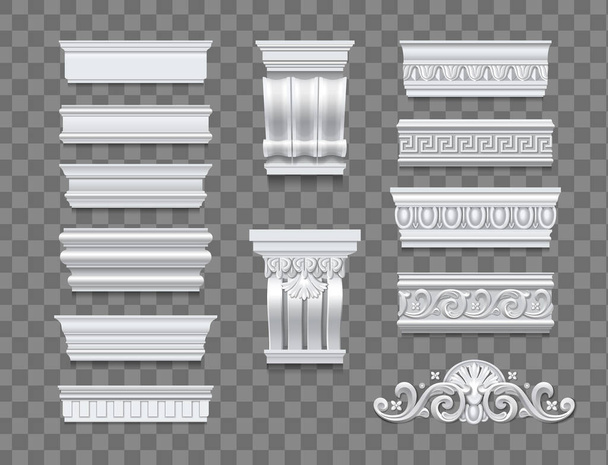 Set of classical architectural isolated elements for interior and building walls decor on transparent background realistic vector illustration - Διάνυσμα, εικόνα