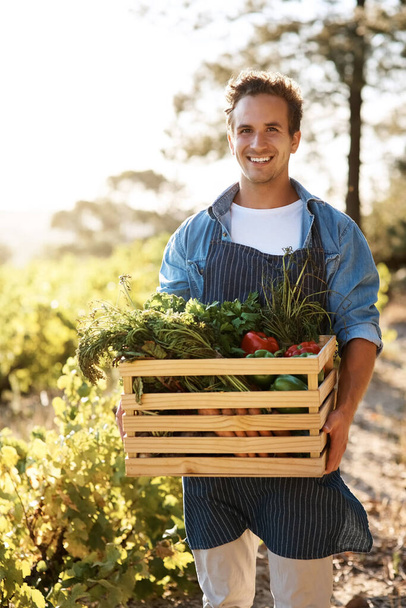 Stop talking and start farming. a young man holding a crate full of freshly picked produce on a farm - Foto, imagen