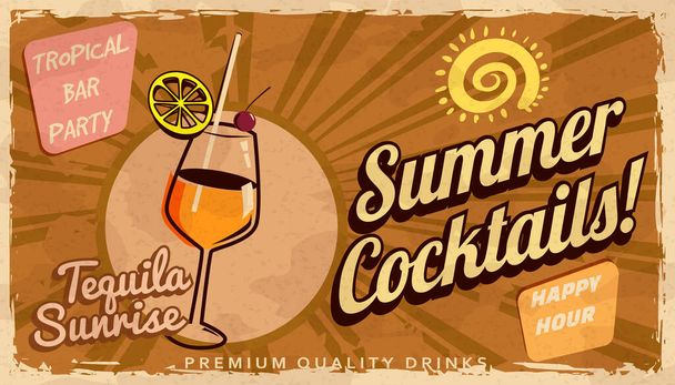 Summer Tequila Sunrise Cocktail Retro banner. Cocktail lounge vintage background, scratched old textured paper. Vector illustration template - Vetor, Imagem
