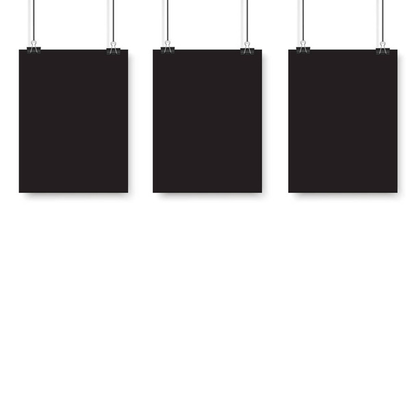 Blank posters hanging on a binder clips. A4 white paper sheet hangs on a rope with clips. Vector illustration - Vector, Image