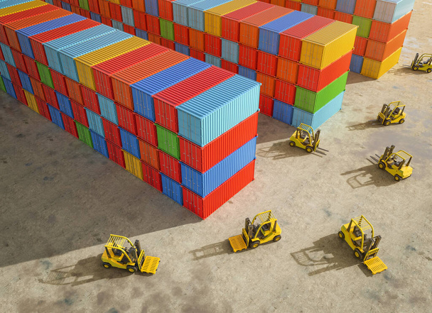 3d rendering forklift truck at container terminal - Foto, imagen