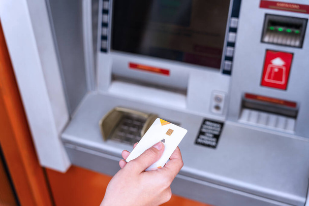 Atm machine screen. Hand holding money bank credit card. Withdraw money cash from atm. Money stack, bank credit card - Foto, Imagem