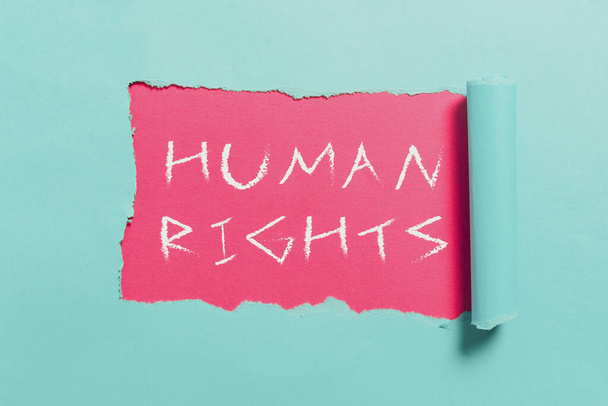 Text showing inspiration Human Rights, Business overview Moral Principles Standards Norms of a showing protected by Law Important Information Written Underneath Ripped Piece Of Paper. - Fotografie, Obrázek