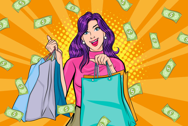 surprise shopping woman successful and shocking with Falling Money say WOW OMG Pop art retro comic style - Vector, Image
