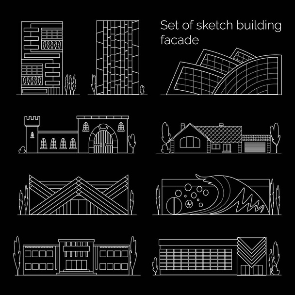 Sketch building facade white line style on black. Vector city contour isolated symbols store and shop, home and office. Outline town icons of commercial architecture, old and modern buildings. - Vektor, Bild