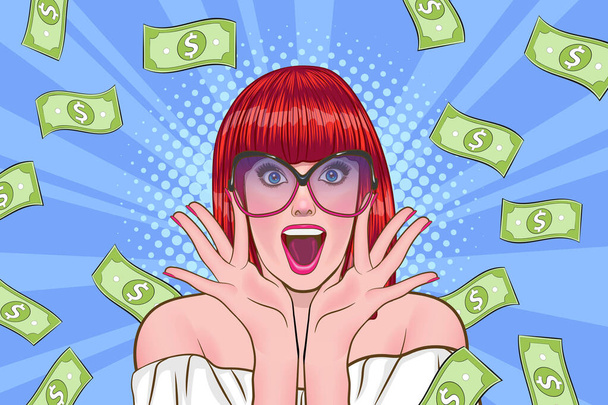 surprise business woman successful and shocking with Falling Money say WOW OMG Pop art retro comic style - Vetor, Imagem