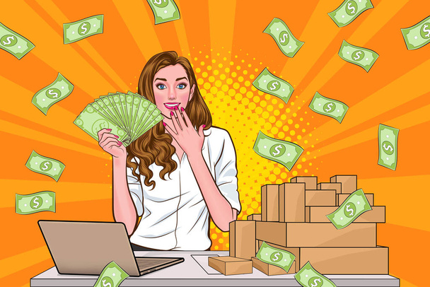 surprise business woman successful and shocking with Falling Money say WOW OMG Pop art retro comic style - Vektor, kép