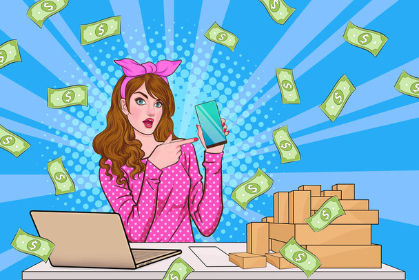 surprise business woman successful and shocking with Falling Money say WOW OMG Pop art retro comic style - Vecteur, image